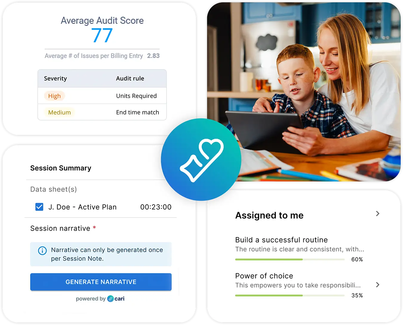 Collage featuring a mother and child using a tablet, alongside ABA software dashboards displaying billing audit scores, AI-powered session notes, and assigned learning activities, with a heart icon in the center.