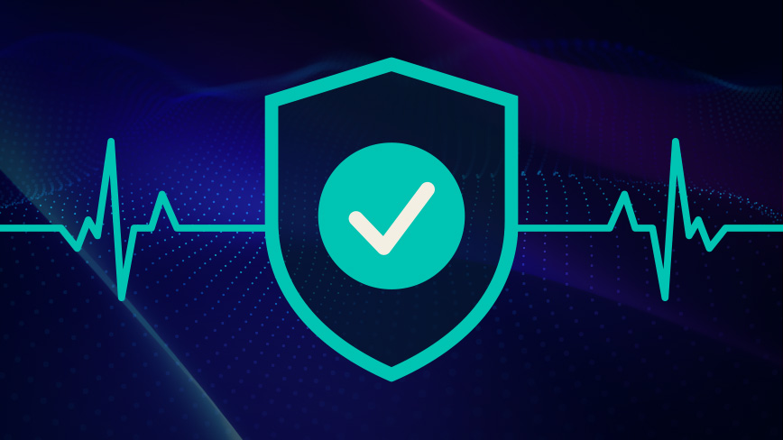 Teal shield with a checkmark centered on a dark blue background, overlaid on a heartbeat/pulse line graphic, symbolizing security and health data protection.