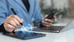 Healthcare professional using a tablet and smartphone with digital checklists and healthcare icons.
