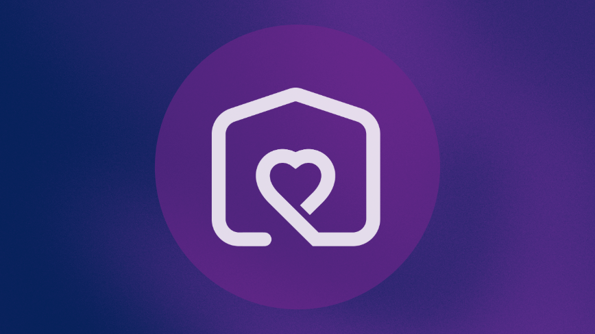 CareCompanion icon featuring a heart inside a rounded outline on a purple and blue background.