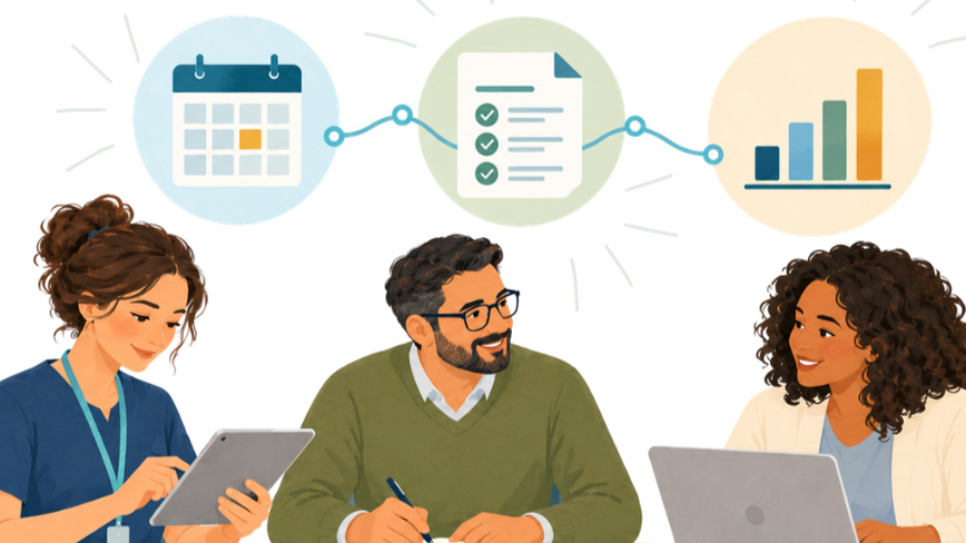 Illustration of three professionals using a tablet, notebook, and laptop, with connected icons representing scheduling, task completion, and performance tracking.