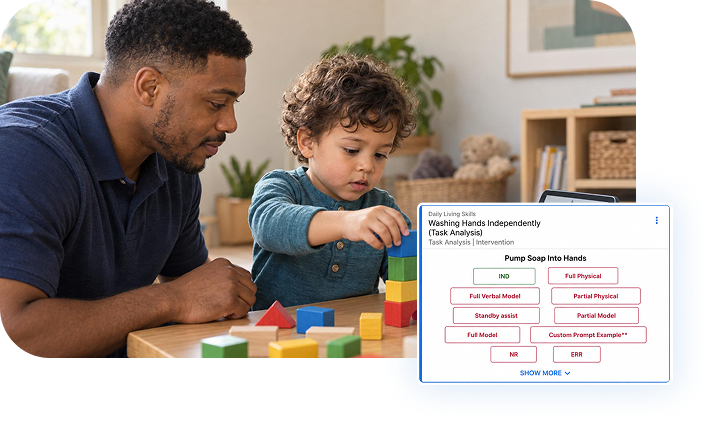Adult and child playing with colorful blocks, with an overlay showing a CentralReach skill-tracking and data collection interface.