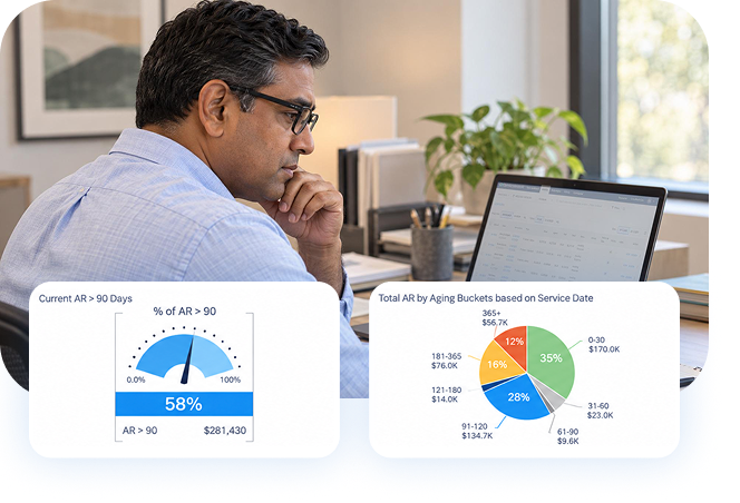 Man reviewing financial data on a laptop, with dashboard overlays showing accounts receivable aging and outstanding balances.