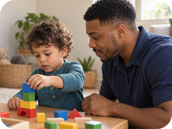 Adult helping a young child stack colorful wooden blocks during a learning activity.